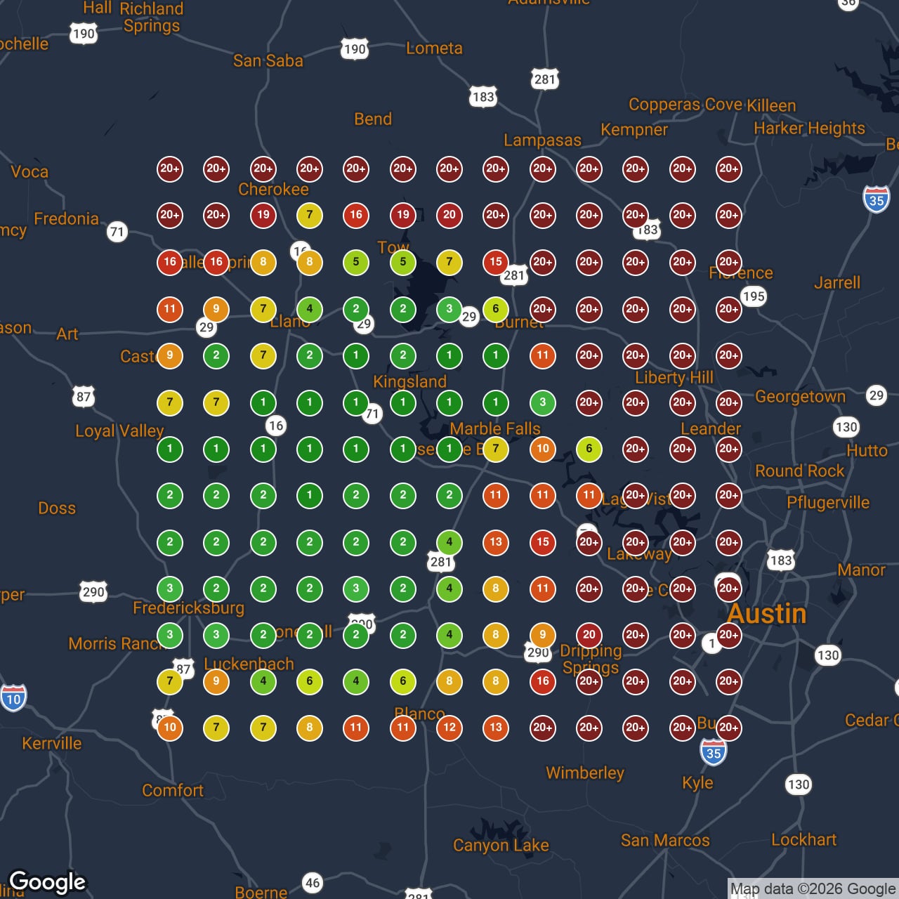A real client map in July 2026. Each dot is one search for the same words, run from a different spot in the area. Green means top 3.