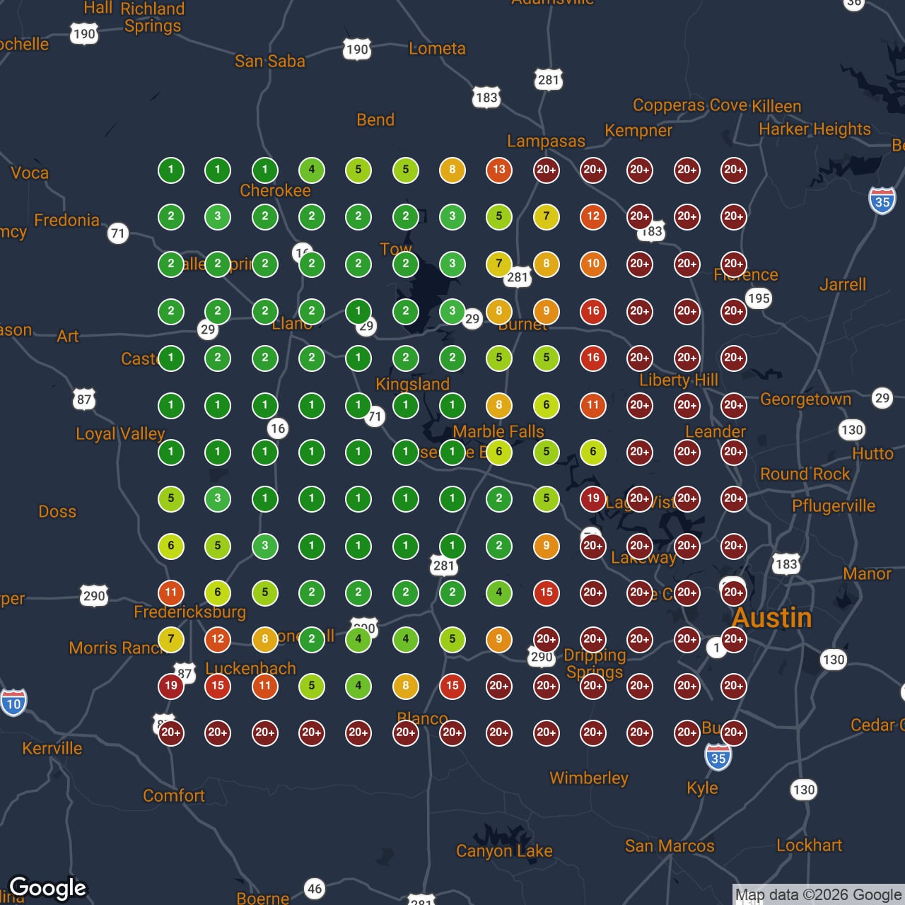 The same map in August 2026, same grid and same search. More of the area has gone green.